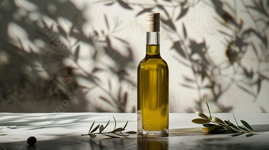 Garrafa de azeite extra virgem com ramos de oliveira e luz natural