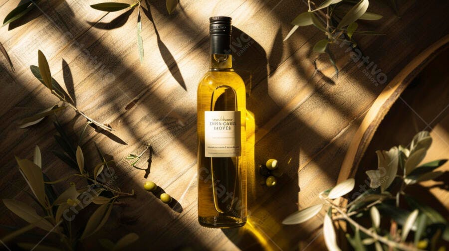 Foto Produto Garrafa Azeite Oliva Ramo Oliveira Luz Natural