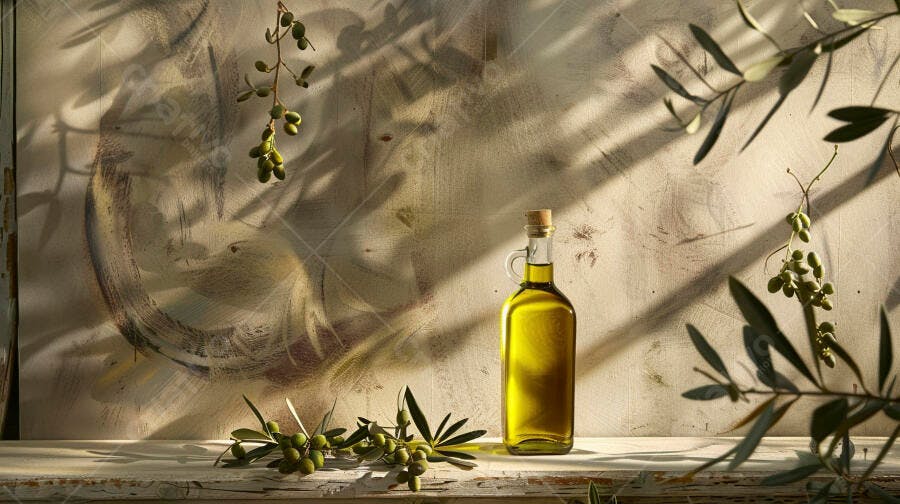 Foto Garrafa de Azeite de Oliva Ramo de Oliveira Luz Natural