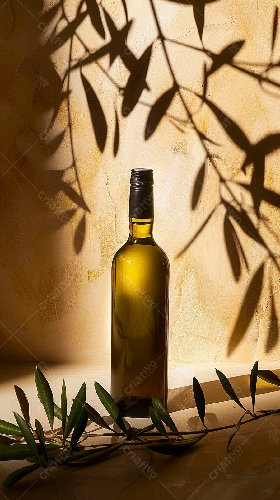 Foto Garrafa de Azeite com Ramo de Oliveira e Sombras Naturais