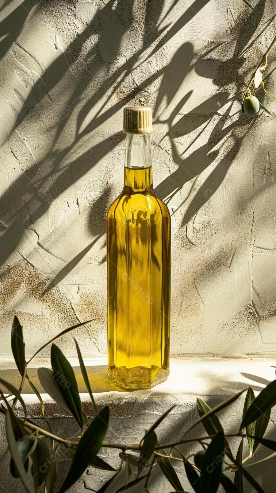 Foto Garrafa Azeite Oliva Extra Virgem Sombra Folhas