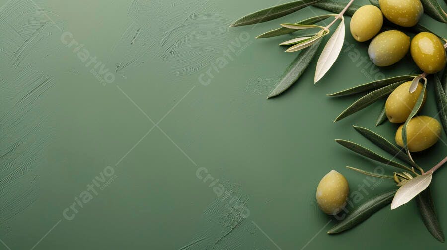 Foto Ramo de Oliveira com Azeitonas Verdes Fundo Verde Escuro