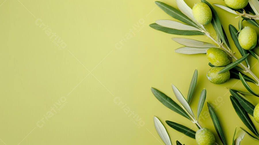Foto Ramo de Oliveira com Azeitonas Verdes Fundo Verde Claro