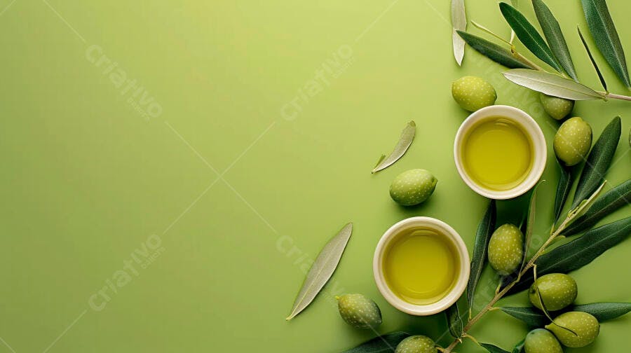 Foto Flat Lay Azeite de Oliva Virgem com Azeitonas e Folhas Verdes