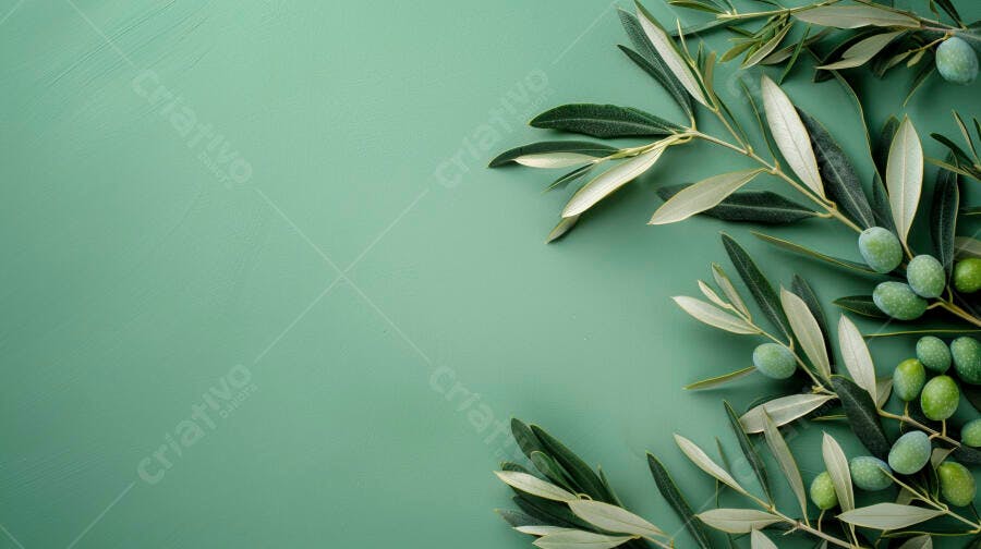 Foto Galho de Oliveira com Azeitonas Verdes Fundo Verde Menta
