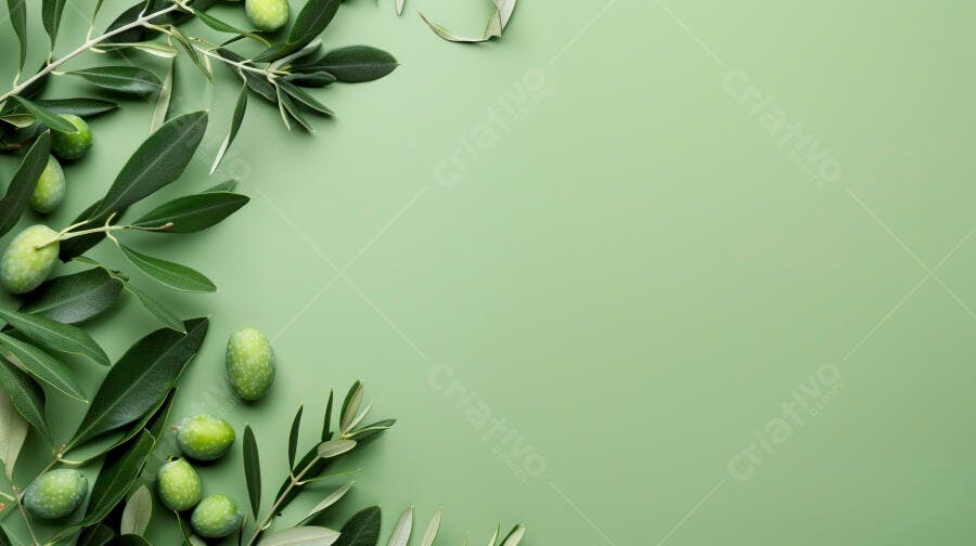 Foto Ramo de Oliveira com Azeitonas Verdes Fundo Verde Claro