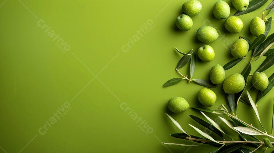 Foto Azeitonas Verdes Frescas Ramo Fundo Verde