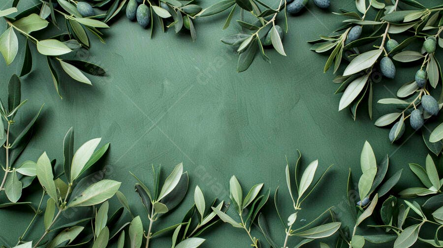 Foto Galho de Oliveira Folhas e Azeitonas Fundo Verde Escuro