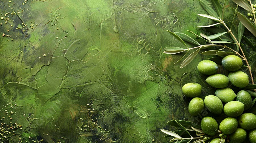 Foto Azeitonas Verdes Frescas Ramo Oliveira Fundo Texturizado Verde