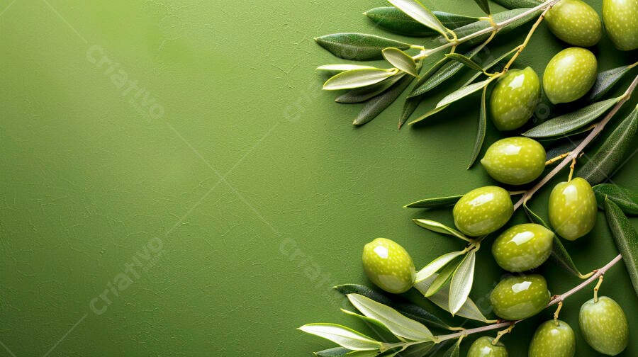 Foto Ramos de Oliveira com Azeitonas Verdes Fundo Verde