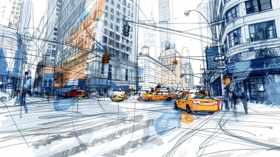 Ilustração Cidade Grande Nova York Taxis Amarelos Sketch