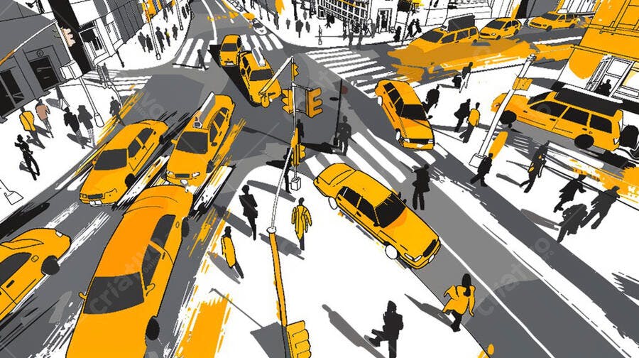Ilustração Cidade Movimento Urbano Carros Pessoas