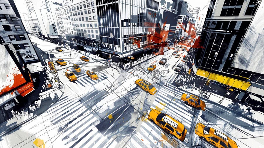 Foto Cidade Grande Nova York Taxis Amarelos Estilo Esboço