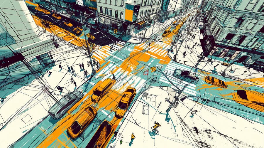 Ilustração Cidade Vista Aérea Cruzamento Urbano Tráfego