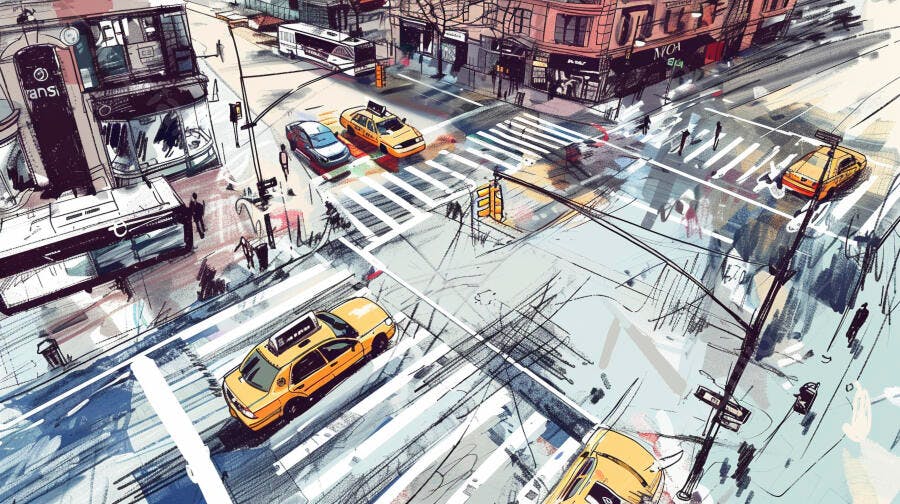 Ilustração Cidade Vista Aérea Trânsito Urbano Táxis Amarelos