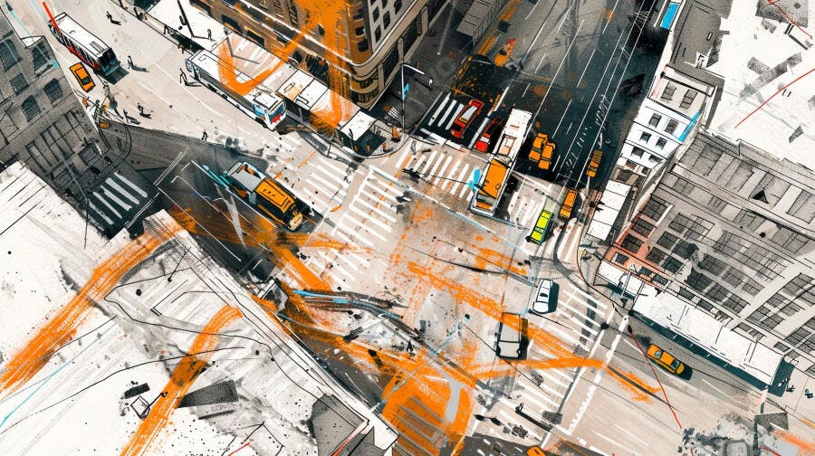 Ilustração Aérea Cidade Movimento Urbano Estilo Aquarela