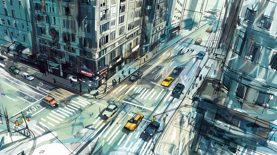Ilustração Cidade Vista Aérea Trânsito Urbano Edifícios
