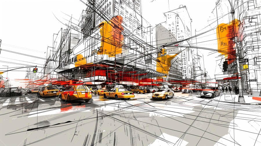 Ilustração Cidade Nova York Taxis Trânsito Urbano Desenho