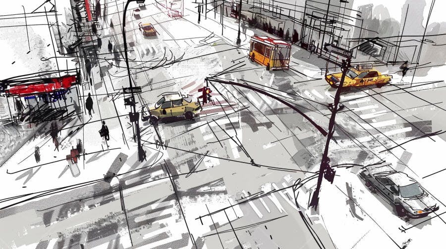 Ilustração Cidade Rua Movimentada Carros Pessoas Desenho Urbano
