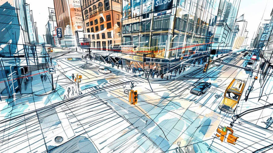 Ilustração Cidade Grande Rua Movimentada Estilo Esboço