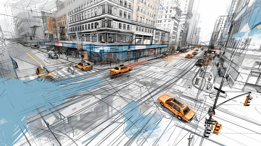 Ilustração Cidade Nova York Taxis Amarelos Desenho Esboço Urbano