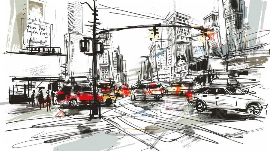 Ilustração Rua Cidade Movimento Trânsito Urbano Desenho
