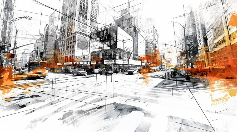 Desenho Arquitetônico Cidade Urbana com Linhas de Construção