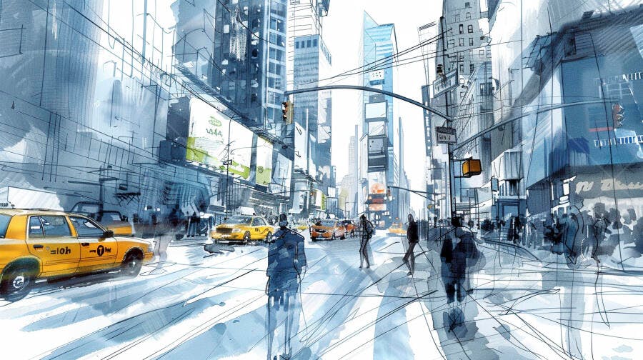 Ilustração Aquarela Cidade Nova York Times Square Urbana