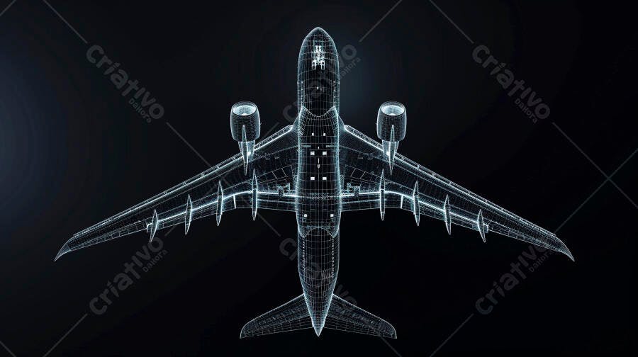 Avião wireframe azul brilhante em fundo escuro tecnologia digital