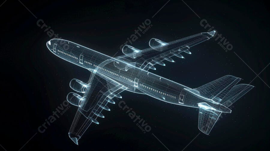 Avião de passageiros wireframe 3D azul sobre fundo escuro tecnológico