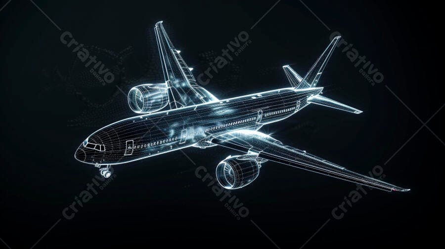 Foto Avião Wireframe Digital Tecnologia 3D Fundo Escuro
