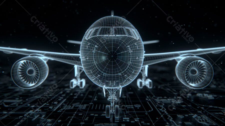 Ilustração 3D Avião Wireframe Tecnologia Digital Fundo Escuro