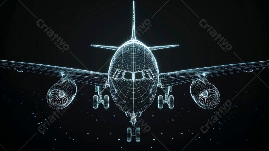 Ilustração 3D Avião Wireframe Tecnologia Digital