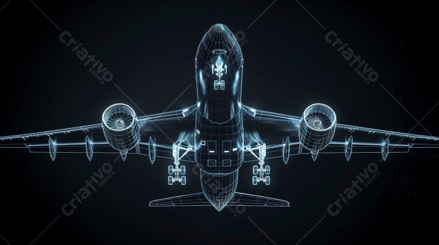 Ilustração 3D Avião Wireframe Azul Escuro Tecnologia