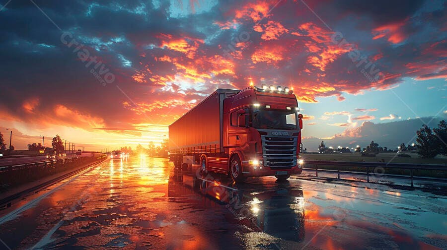 Foto Caminhão Vermelho Estrada Molhada Pôr do Sol Céu Laranja
