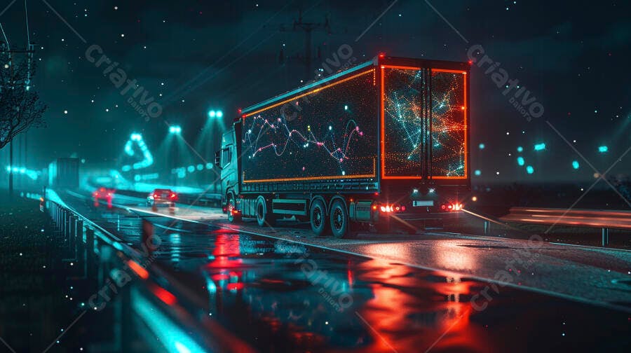 Caminhão de Entrega Noturna com Tecnologia Digital na Estrada