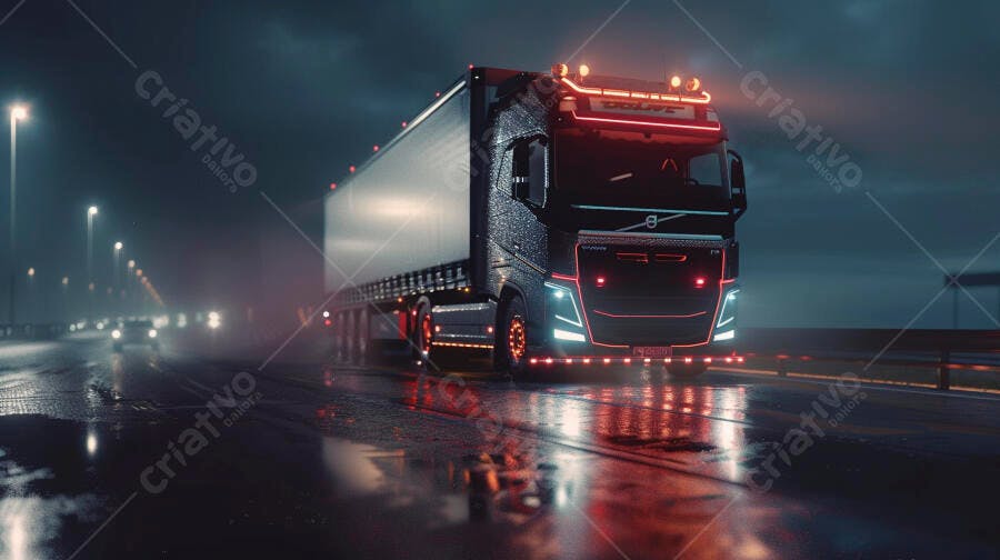 Foto Caminhão Volvo Rodovia Noturna Chuva Iluminação Vermelha