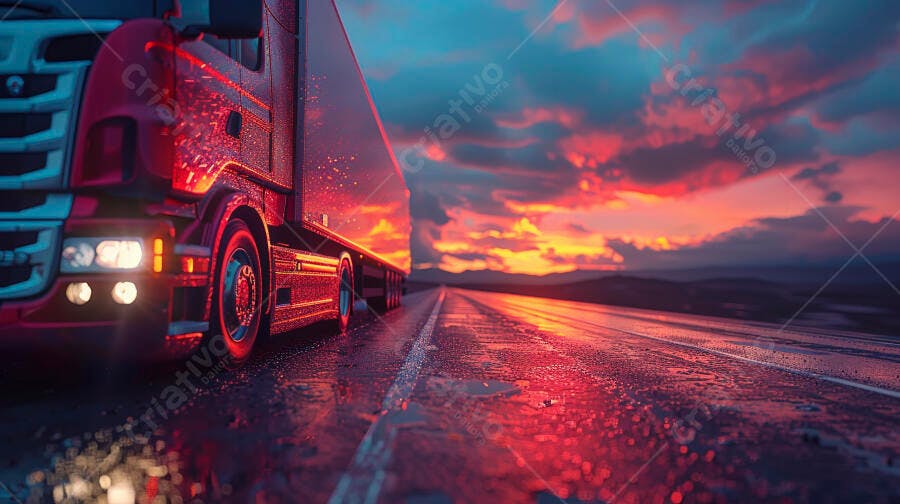 Foto Caminhão Vermelho Estrada Molhada Pôr do Sol Vibrante
