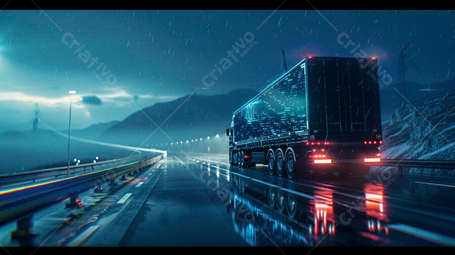 Foto Caminhão Baú Rodovia Chuvosa Noite Iluminada