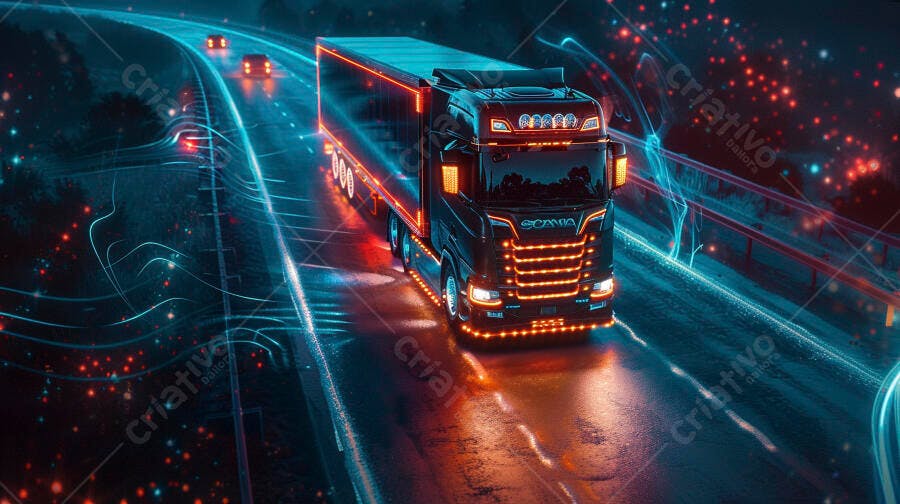 Foto Caminhão Scania Rodovia Noturna Iluminação Neon Digital