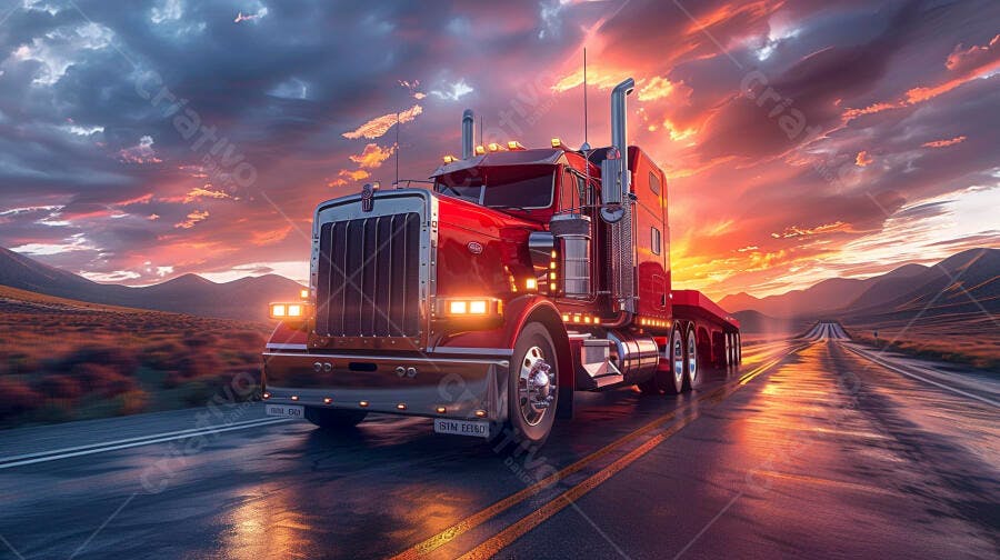 Foto Caminhão Vermelho Estrada Pôr do Sol Céu Dramático