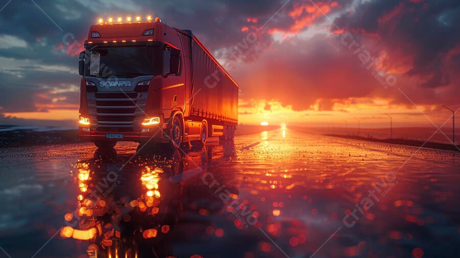 Foto Caminhão Vermelho Rodovia Chuvosa Pôr do Sol Refletido