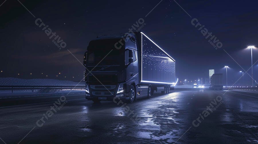Foto Caminhão Volvo Rodovia Noturna Iluminada Transporte Carga