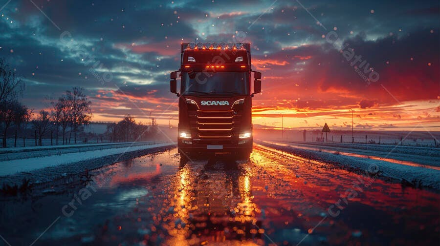 Foto Caminhão Scania Estrada Molhada Pôr do Sol Inverno