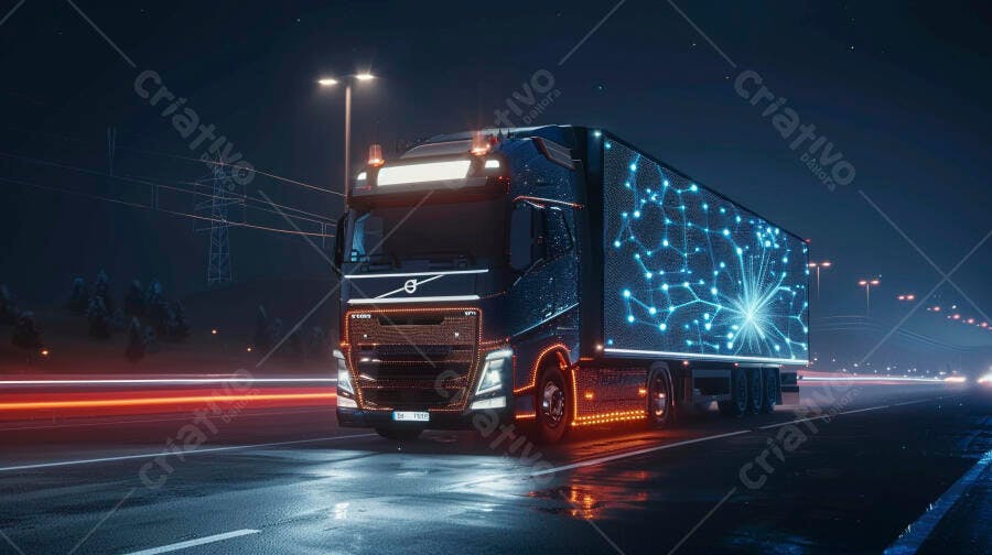 Foto Caminhão Moderno Rodovia Noturna Tecnologia Conectividade