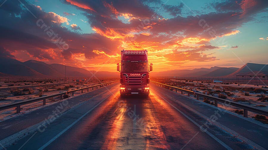 Foto Caminhão na Estrada Pôr do Sol Céu Alaranjado Montanhas