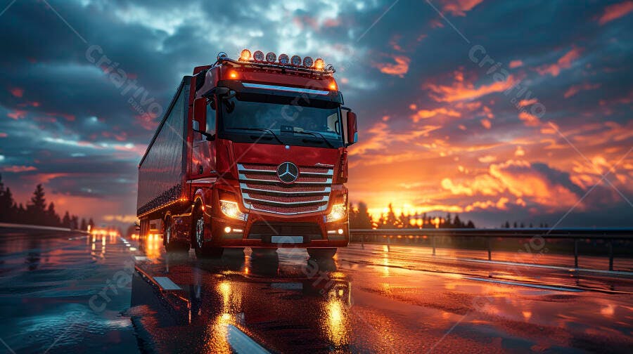 Foto Caminhão Vermelho Mercedes-Benz Estrada Molhada Pôr do Sol