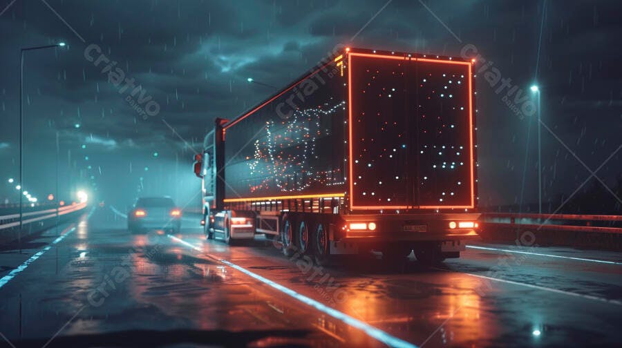 Foto Caminhão Baú Rodovia Noturna Chuva Iluminação Neon