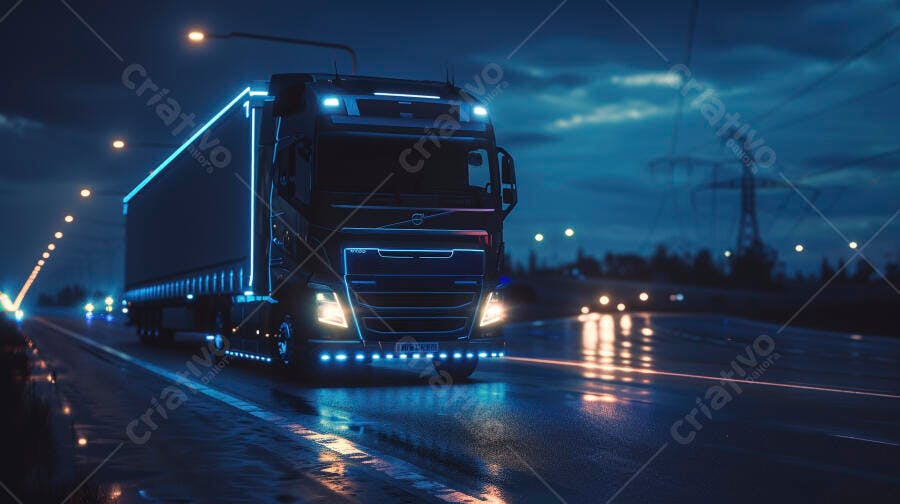 Foto Caminhão Moderno Rodovia Noturna Iluminação Neon