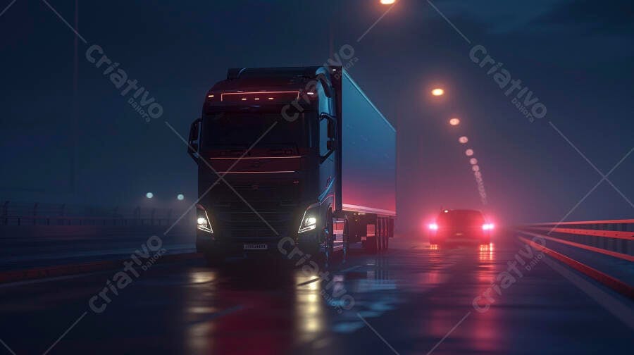Foto Caminhão Baú Rodovia Noturna Chuvosa Transporte Logística